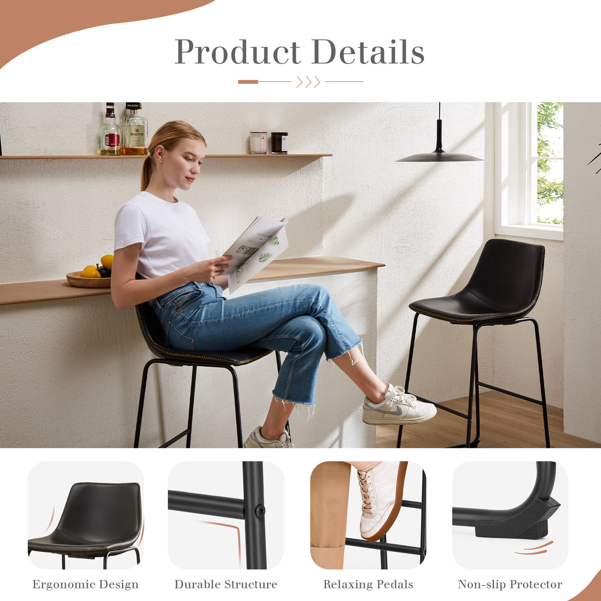 Sweetcrispy Leather 30 Inch Leather Counter Height Bar Stools Bar Stools Set Of 2 Black Pu