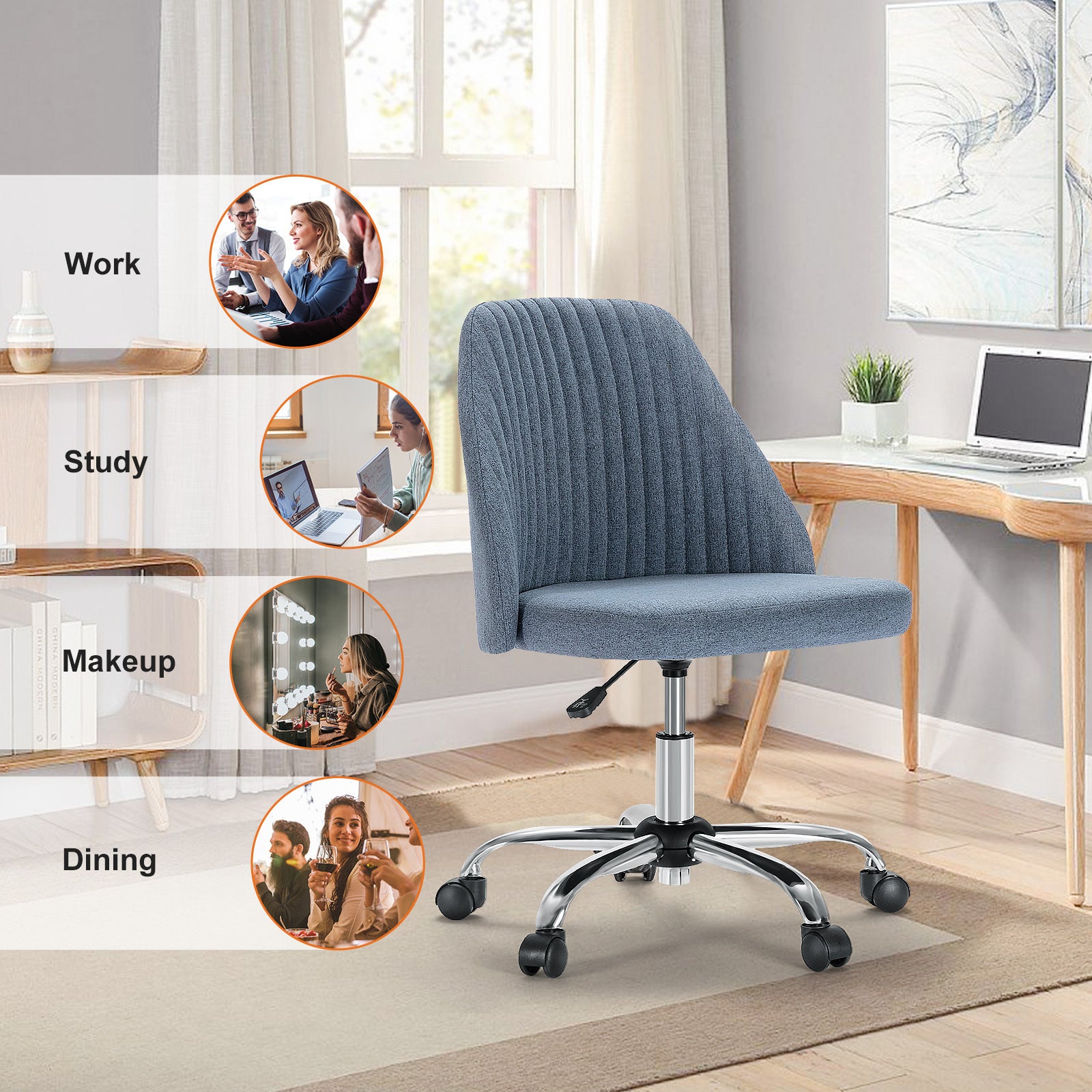 Sweetcrispy Armless Home Office Desk Chair With Wheels Adjustable Swivel Task Computer Vanity Chair For Small Spaces Blue Fabric