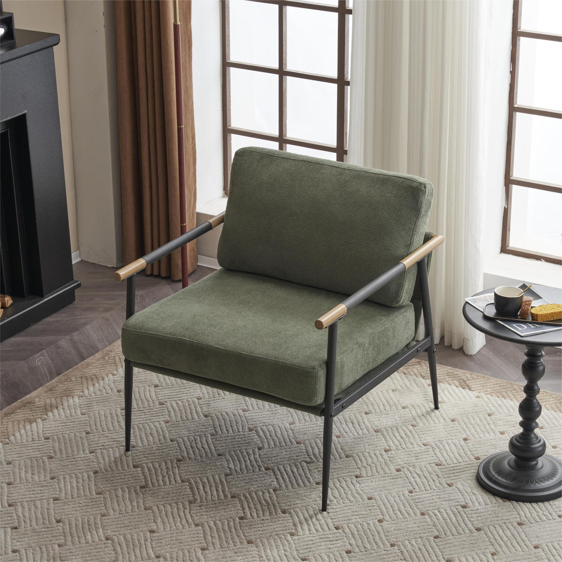 Upholstered Mid Century Lounge Chair Reading Armchair Chenille Fabric Modern Arm Chair With Metal Frameaccent Chair For Living Room, Green Green Chenille