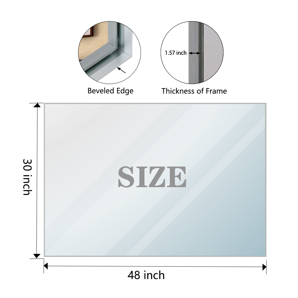 48X30Inch Wall Mounted Bevel Wall Mirror For Bathroom Silver Metal Frame Decorative Rectangular Home Decor Corner Hangs Farmhouse Mirror Horizontal & Vertical Silver Classic,Modern Glass Aluminium Alloy