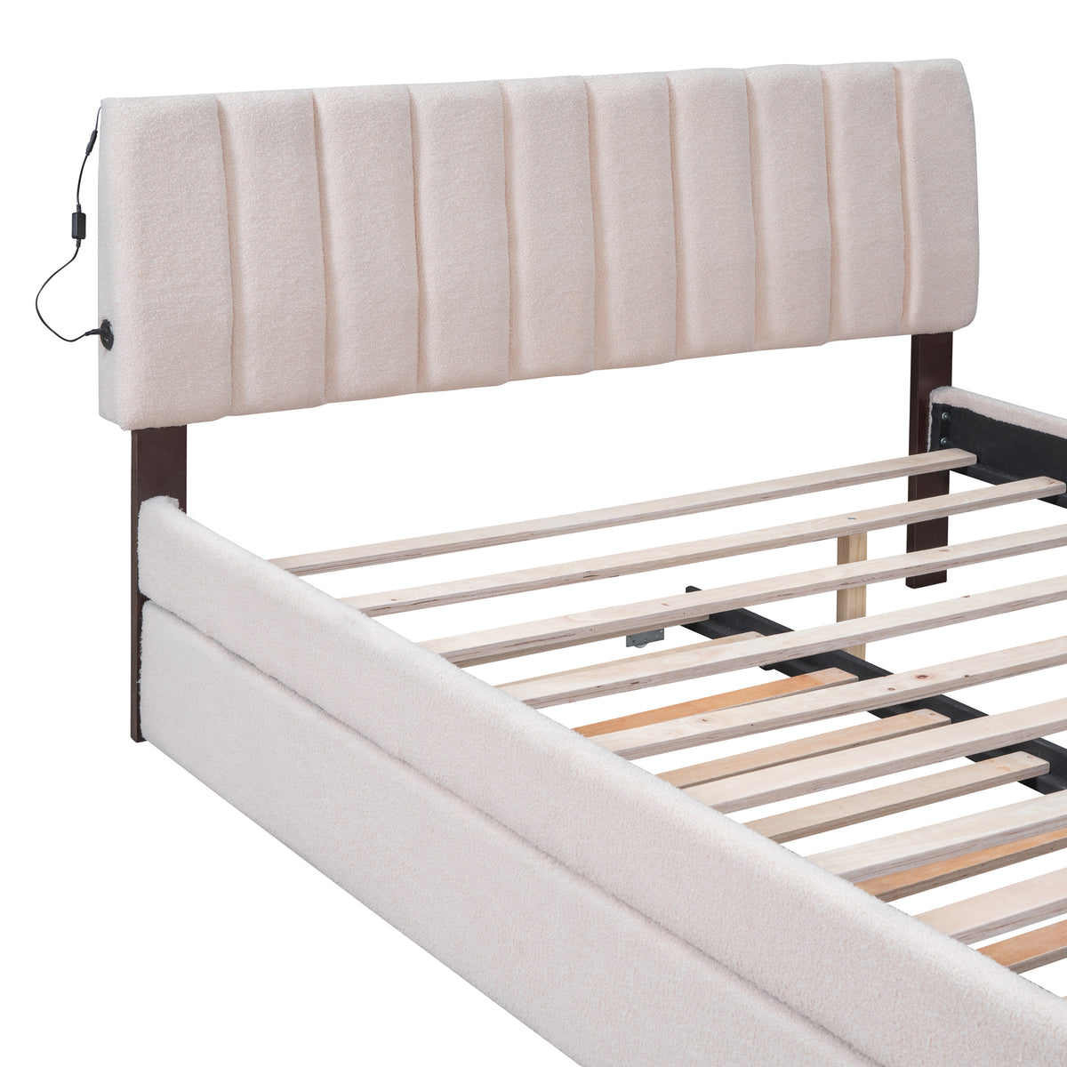 Teddy Fleece Queen Size Upholstered Platform Bed With Trundle, Beige Beige Fleece