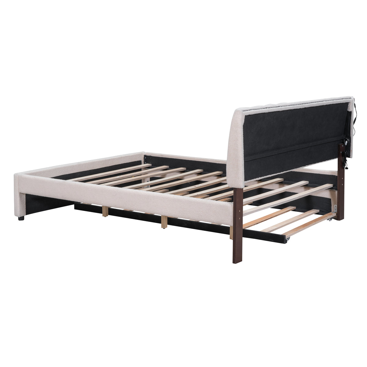 Teddy Fleece Queen Size Upholstered Platform Bed With Trundle, Beige Beige Fleece