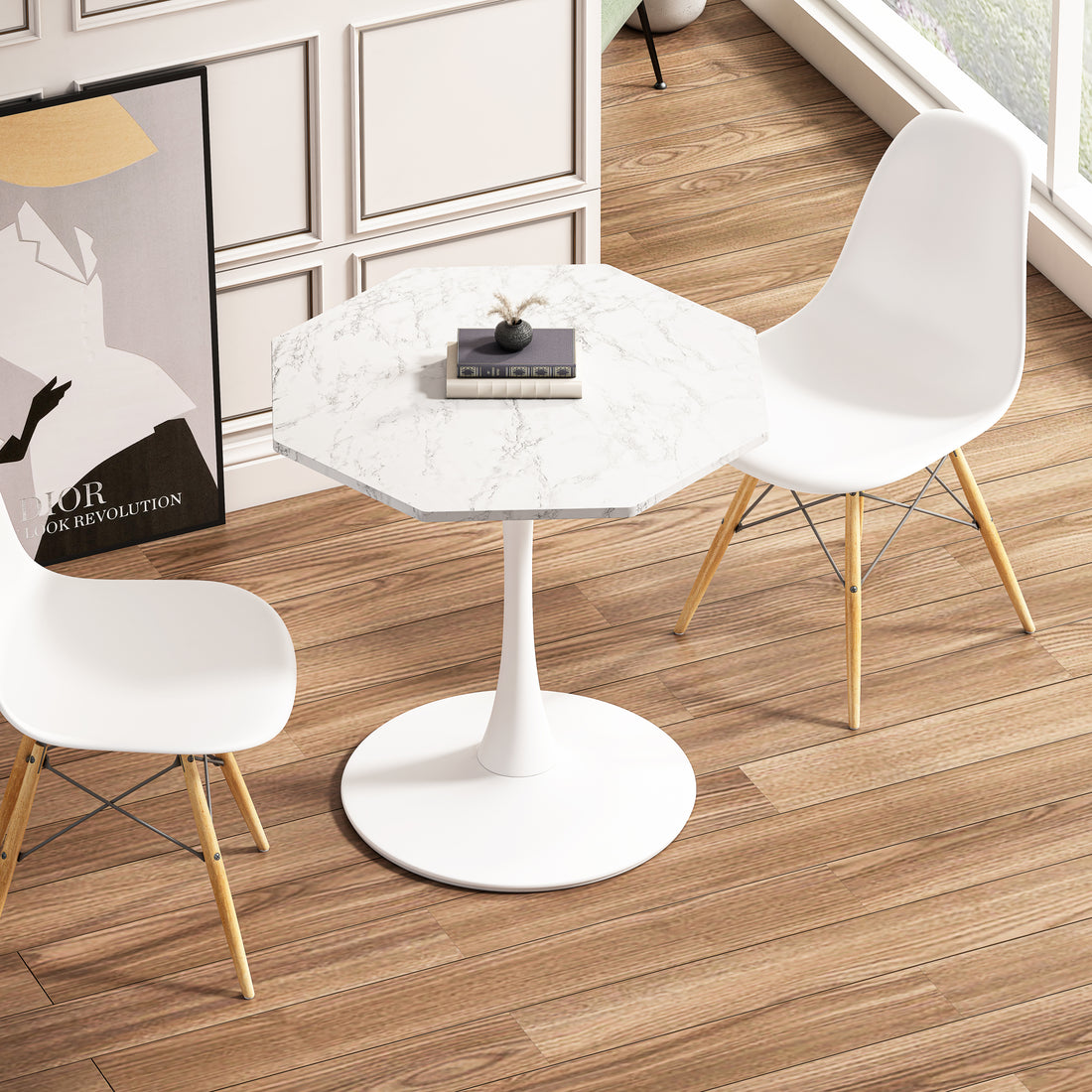 31.50"Modern Octagonal Coffee Table With Printed White Marble Table Top,Metal Base, For Dining Room, Kitchen, Living Room White Marble Mdf