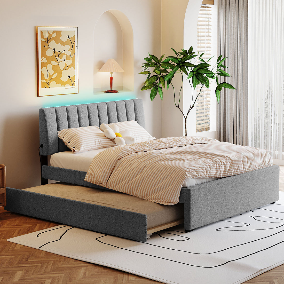 Teddy Fleece Queen Size Upholstered Platform Bed With Twin Xl Trundle, Gray Gray Fleece