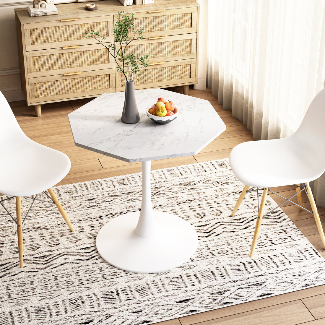 31.50"Modern Octagonal Coffee Table With Printed White Marble Table Top,Metal Base, For Dining Room, Kitchen, Living Room White Marble Mdf