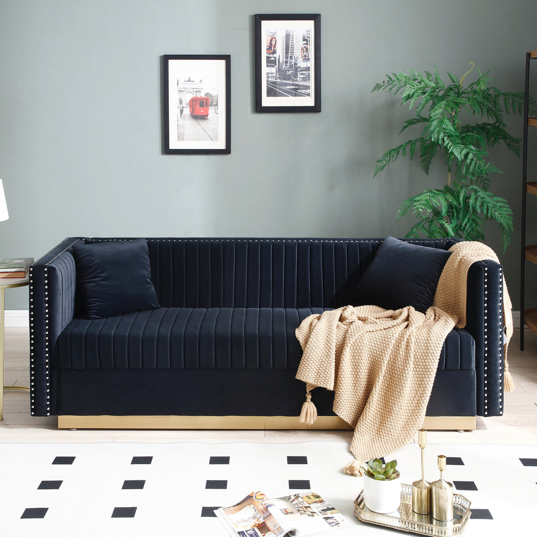 Contemporary Vertical Channel Tufted Velvet Sofa Modern Upholstered Couch For Living Room Apartment With 2 Pillows,Black Black Foam Velvet