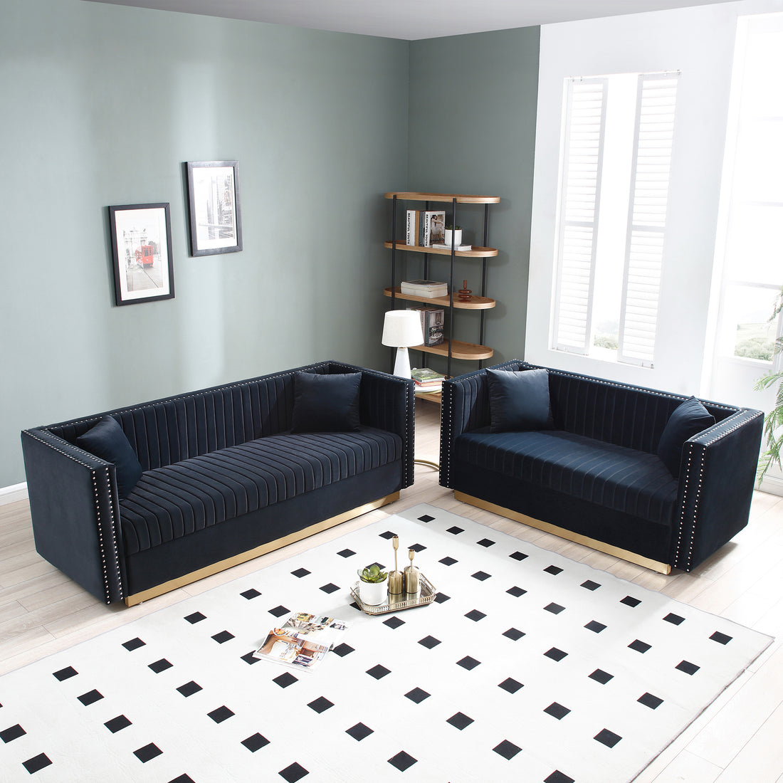 Contemporary Vertical Channel Tufted Velvet Sofa Loveseat Set Modern Upholstered 2Pcs Set Couch For Living Room Apartment With 4Pillows,Black Black Velvet