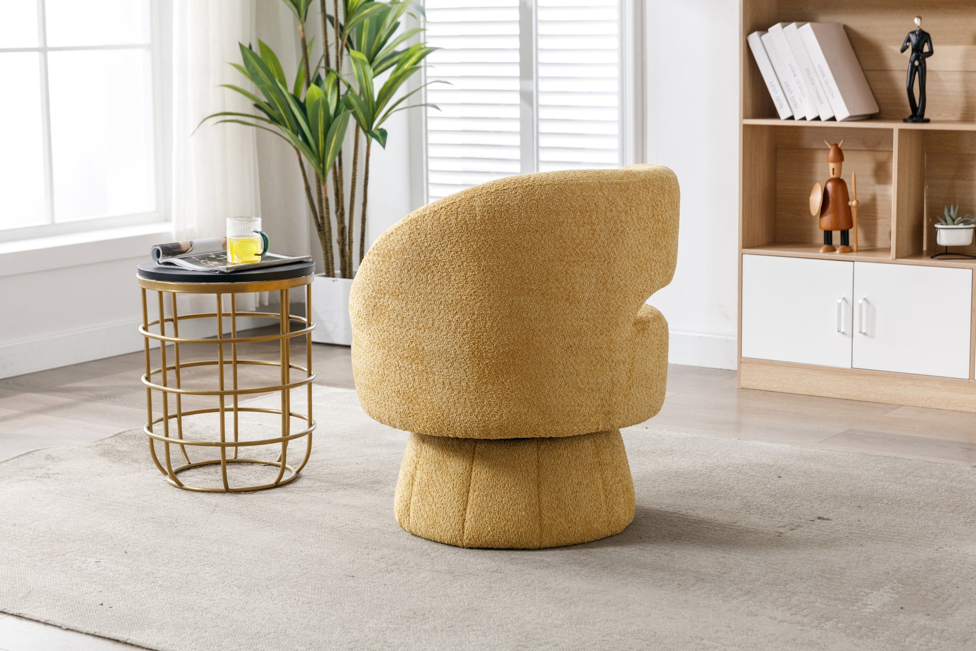 360 Degree Swivel Cuddle Barrel Accent Chairs, Round Armchairs With Wide Upholstered, Fluffy Fabric Chair For Living Room, Bedroom, Office, Waiting Rooms Yellow Foam Boucle