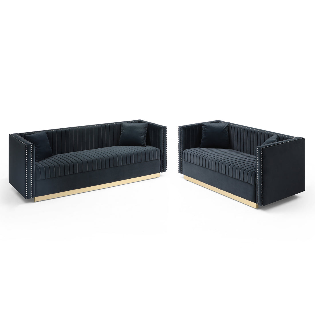 Contemporary Vertical Channel Tufted Velvet Sofa Loveseat Set Modern Upholstered 2Pcs Set Couch For Living Room Apartment With 4Pillows,Black Black Velvet