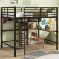 Full Size Metal & Wood Loft Bed With L Shaped Desk And Shelves, Black And Brown Black Metal