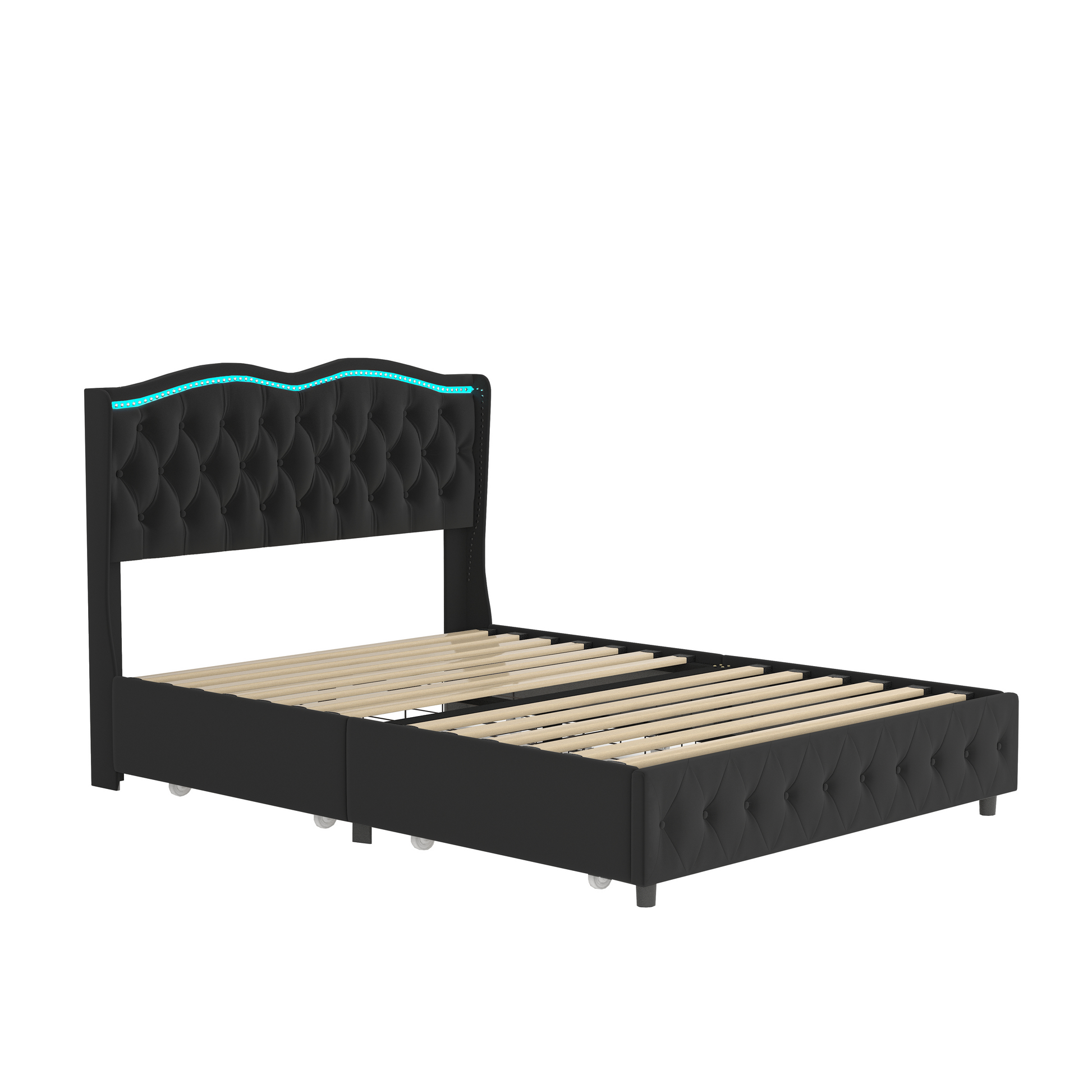 Queen Platform Bed Framevelvet Upholstered Bed With Deep Tufted Buttons And Trim, Adjustable Colorful Led Light Decorative Headboard, Bed Sides With Pull Out Storage 4 Drawers, Black Queen Black Velvet