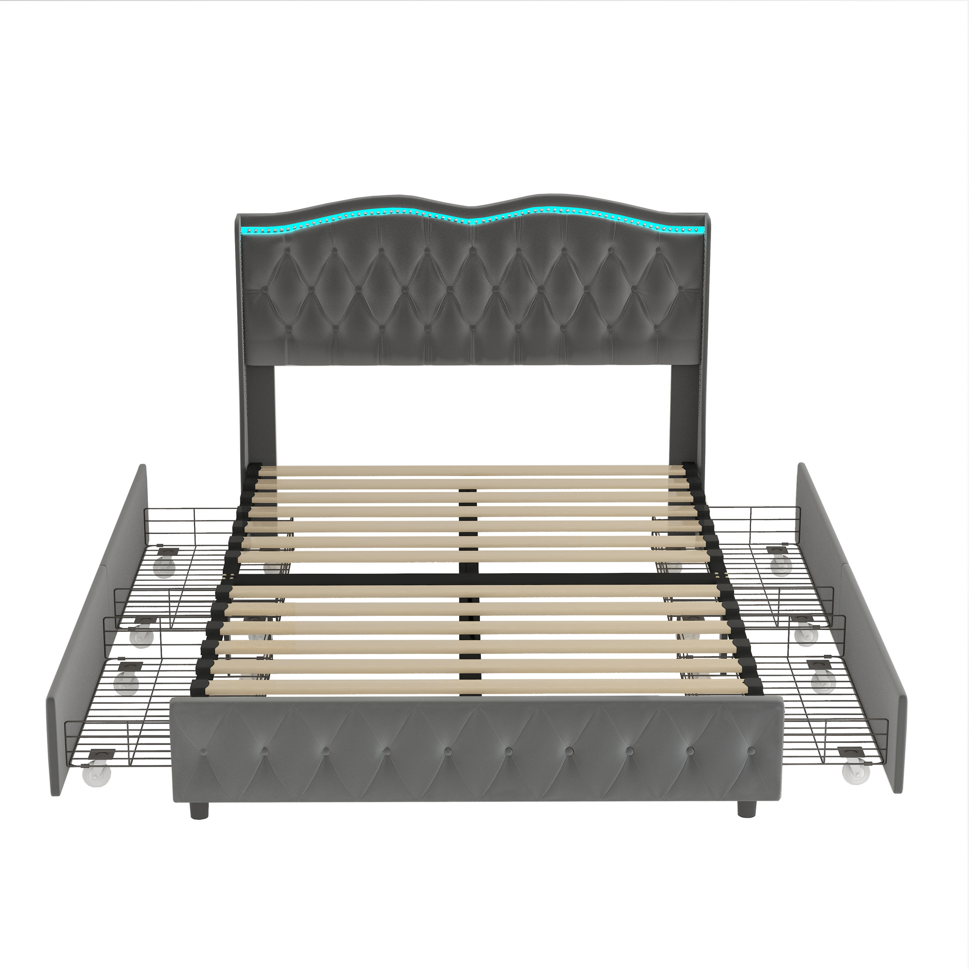 Queen Platform Bed Framevelvet Upholstered Bed With Deep Tufted Buttons And Trim, Adjustable Colorful Led Light Decorative Headboard, Bed Sides With Pull Out Storage 4 Drawers, Grey Queen Grey Velvet