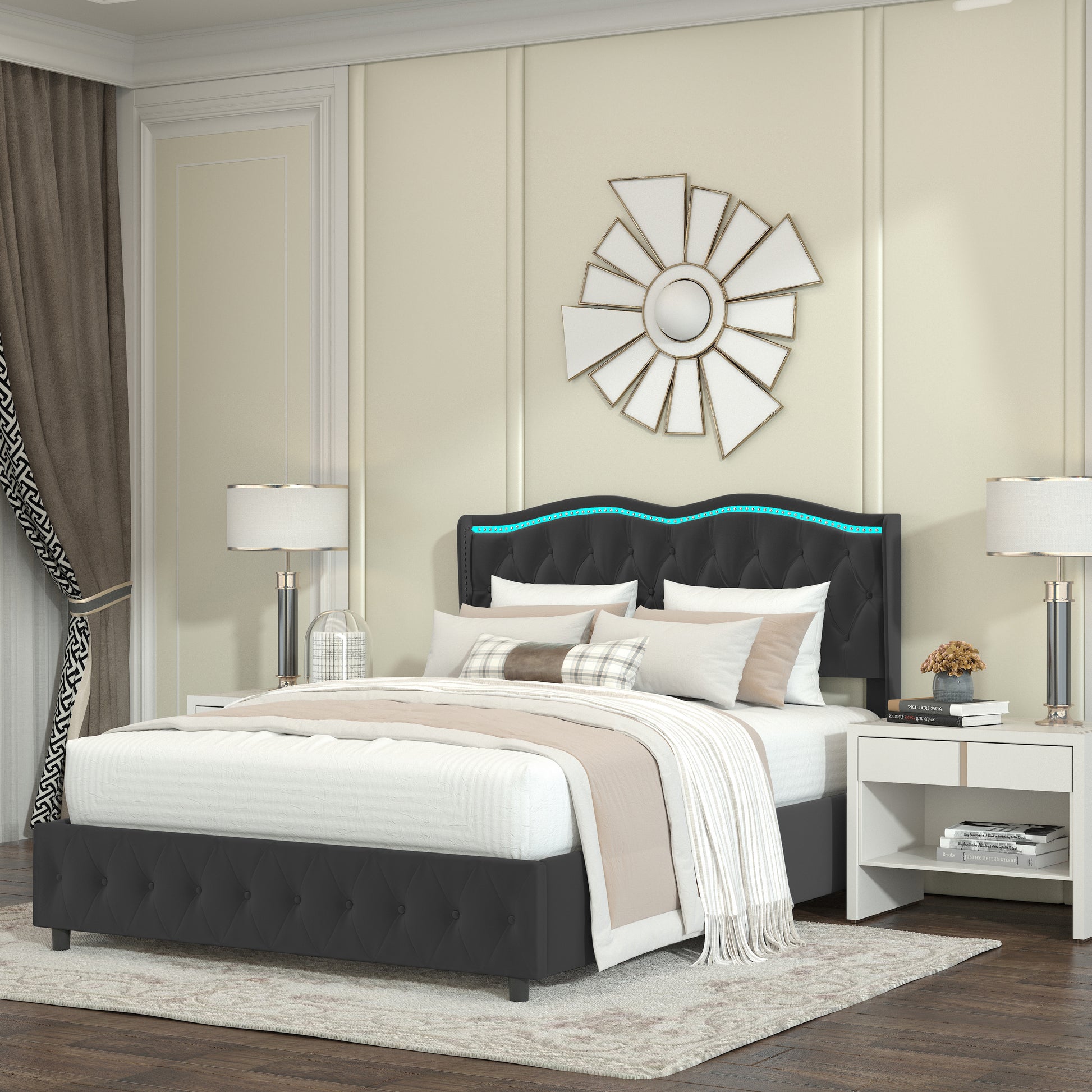 Queen Platform Bed Framevelvet Upholstered Bed With Deep Tufted Buttons And Trim, Adjustable Colorful Led Light Decorative Headboard, Bed Sides With Pull Out Storage 4 Drawers, Black Queen Black Velvet