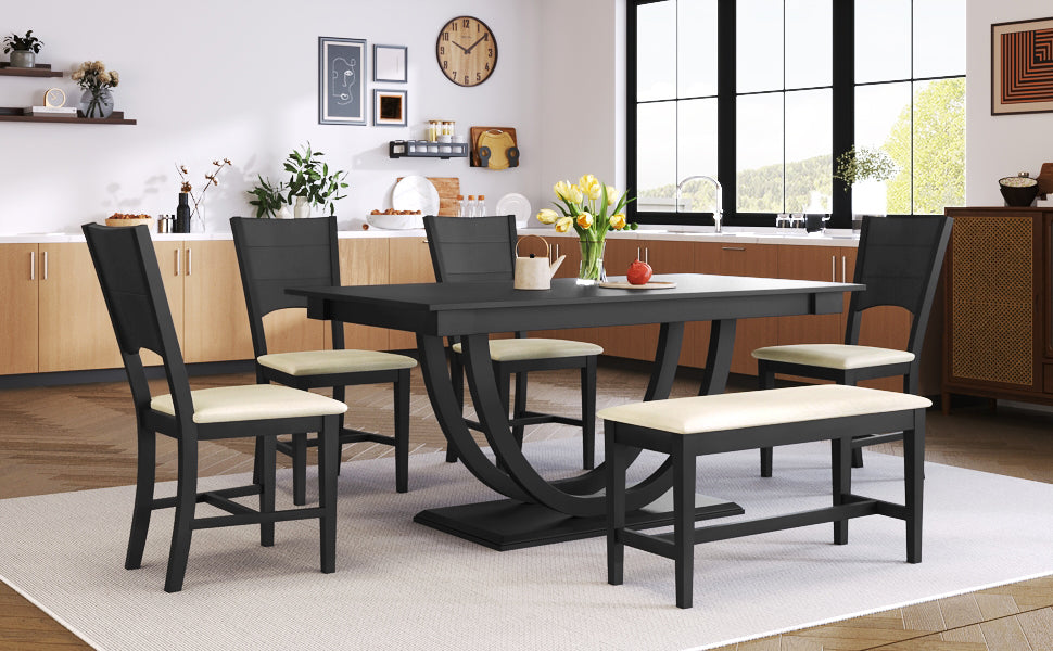 6 Piece Wood Half Round Dining Table Set Kitchen Table Set With Long Bench And 4 Dining Chairs, Modern Style, Gray Gray Wood Dining Room Bench Seating Rubberwood Rectangular Dining Table With Chair And Bench Upholstered Chair Wood Gray Solid Back Seats 6
