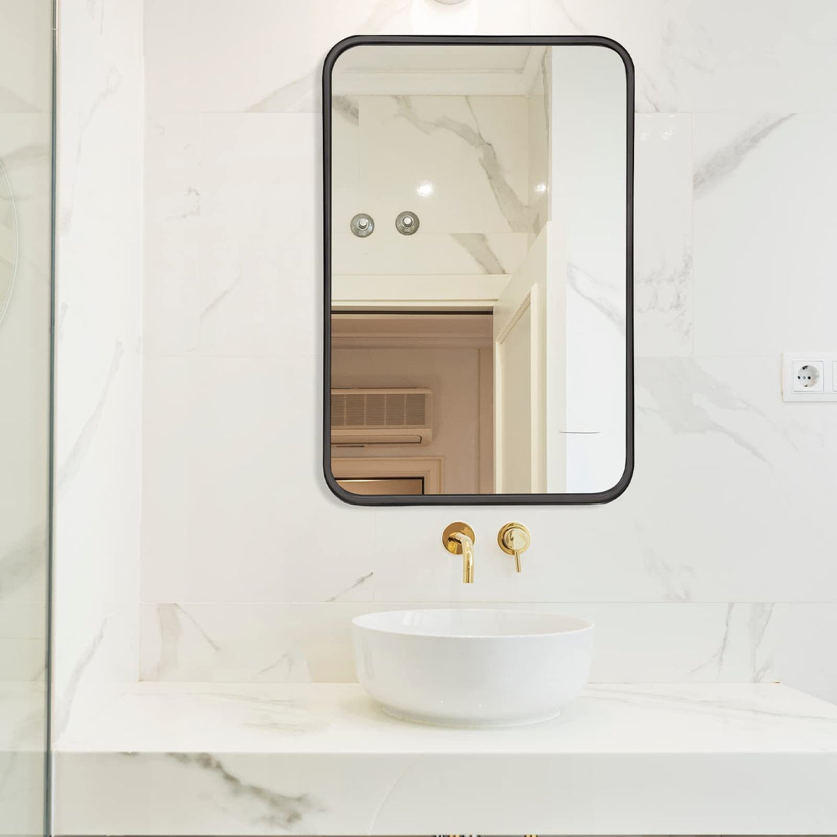 Black 22X30 Inch Metal Rectangle Barhroom Mirror Black Classic Mdf Glass Aluminium Alloy