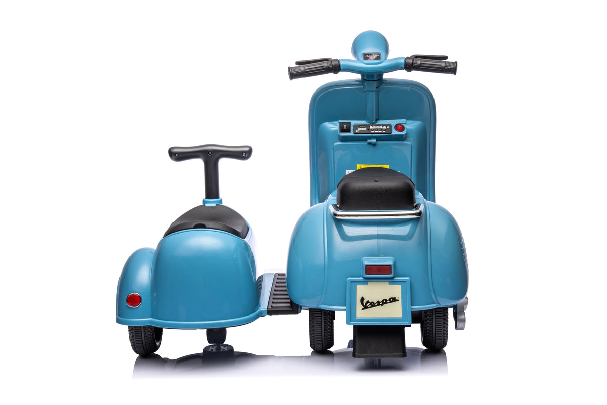 6V Licensed Vespa Scooter Motorcycle With Side Car For Kids, Blue Blue Chrome