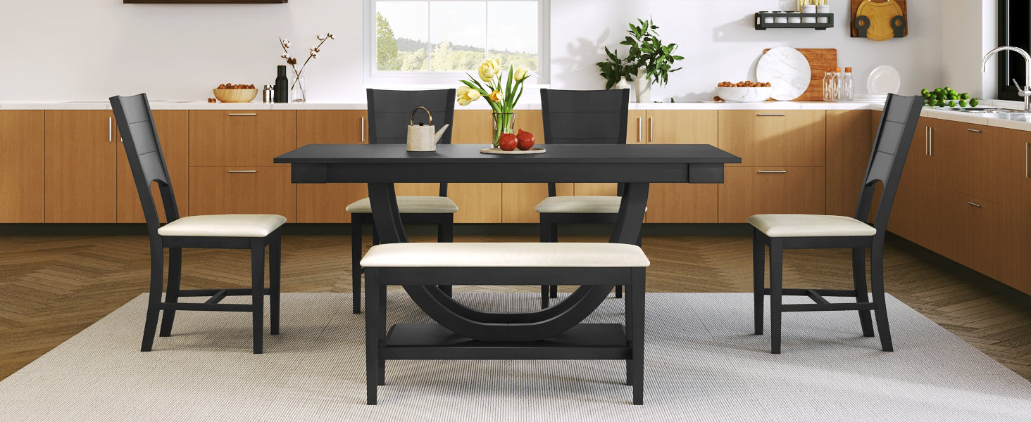 6 Piece Wood Half Round Dining Table Set Kitchen Table Set With Long Bench And 4 Dining Chairs, Modern Style, Gray Gray Wood Dining Room Bench Seating Rubberwood Rectangular Dining Table With Chair And Bench Upholstered Chair Wood Gray Solid Back Seats 6