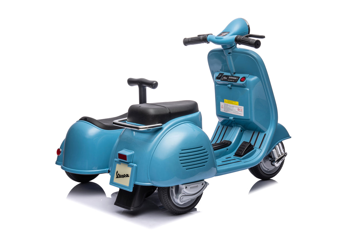 6V Licensed Vespa Scooter Motorcycle With Side Car For Kids, Blue Blue Chrome