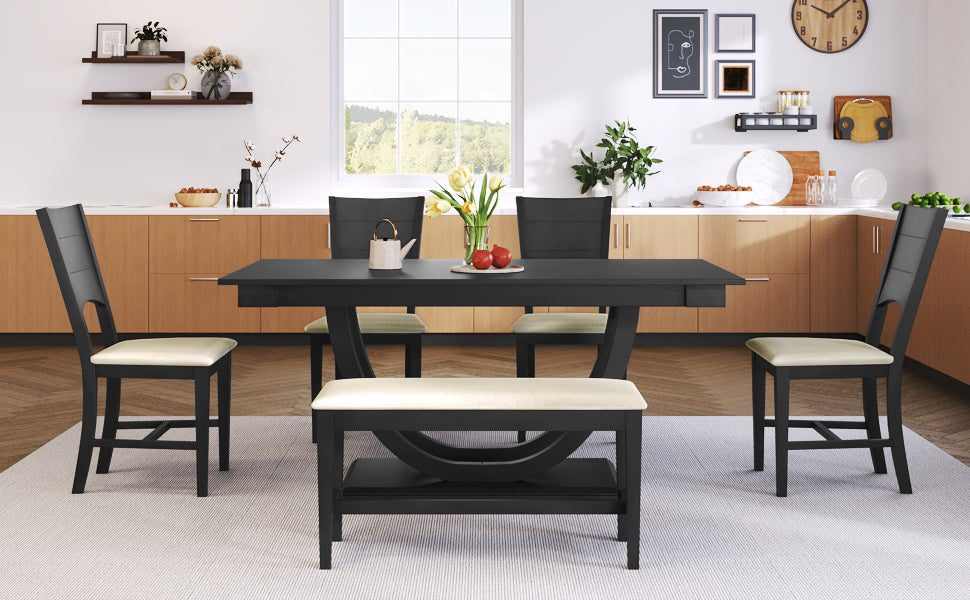 6 Piece Wood Half Round Dining Table Set Kitchen Table Set With Long Bench And 4 Dining Chairs, Modern Style, Gray Gray Wood Dining Room Bench Seating Rubberwood Rectangular Dining Table With Chair And Bench Upholstered Chair Wood Gray Solid Back Seats 6