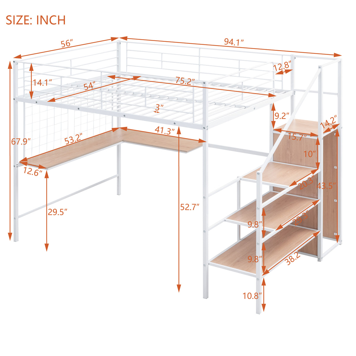 Full Size Metal Loft Bed With Desk And Metal Grid, Stylish Metal Frame Bed With Lateral Storage Ladder And Wardrobe, White White Metal