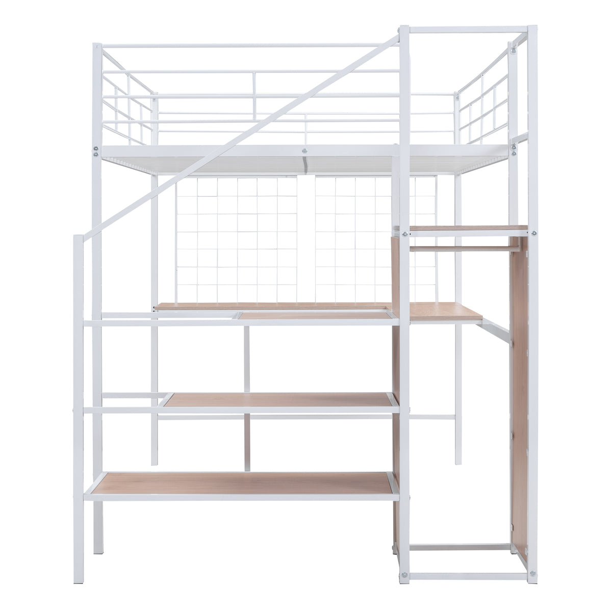 Full Size Metal Loft Bed With Desk And Metal Grid, Stylish Metal Frame Bed With Lateral Storage Ladder And Wardrobe, White White Metal