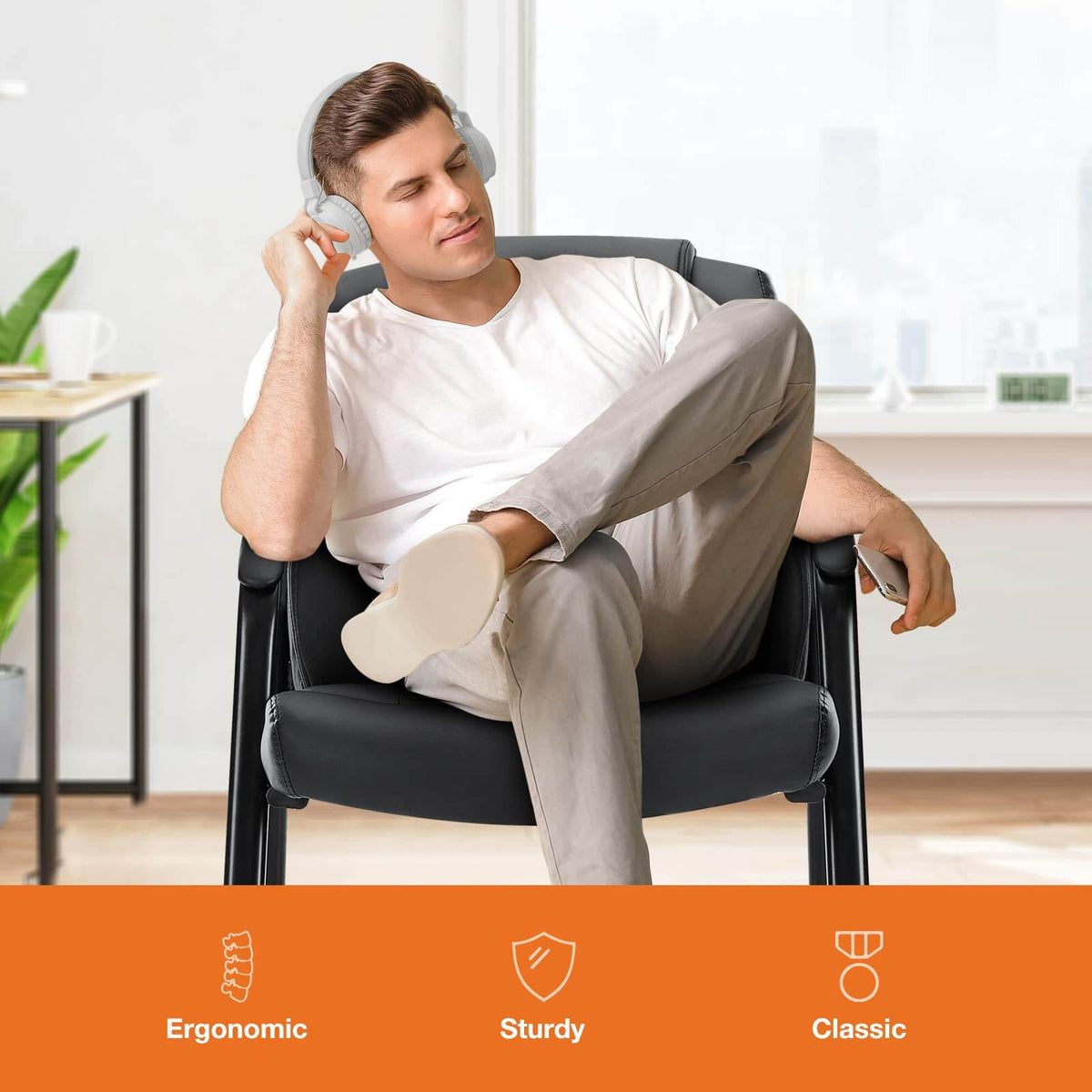 Leather Conference Room Chairs With Padded Arms,Eception Chairs,Office Guest Chairs,1P Black Iron