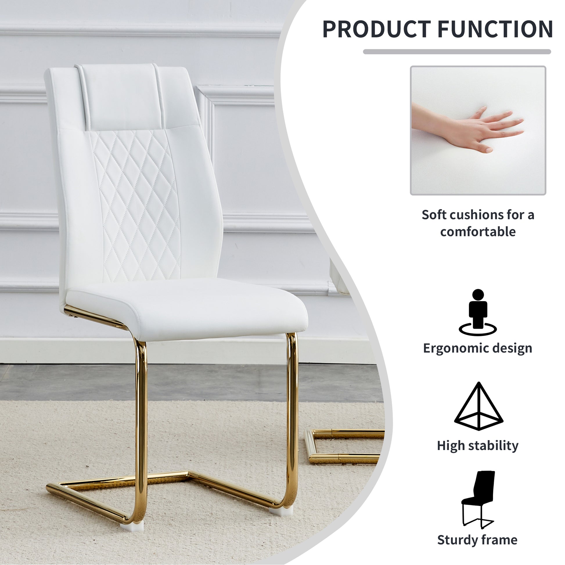 Table And Chair Set, Circular Dining Table, Glass Tabletop With A Diameter Of 40 Inches And Gold Plated Metal Legs, Paired With 4 White Pu Cushions And Gold Plated Metal Foot Dining Chairs. Dt 1164 Golden Metal