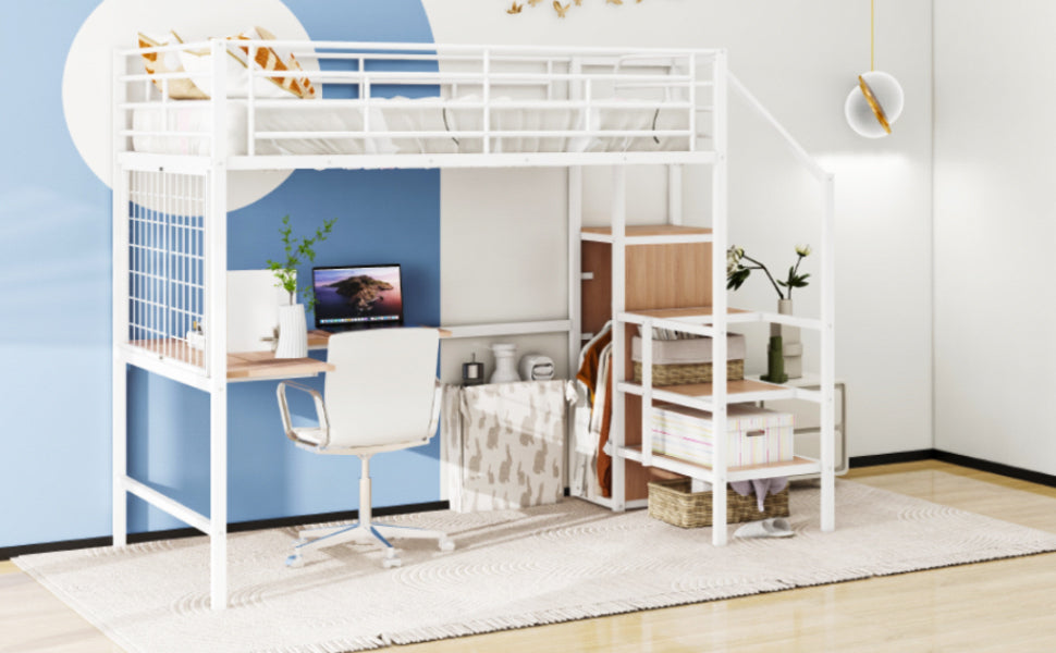 Full Size Metal Loft Bed With Desk And Metal Grid, Stylish Metal Frame Bed With Lateral Storage Ladder And Wardrobe, White White Metal