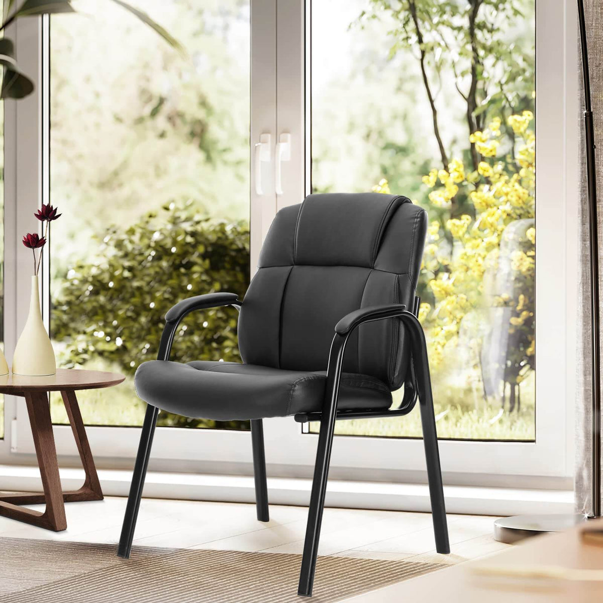 Leather Conference Room Chairs With Padded Arms,Eception Chairs,Office Guest Chairs,1P Black Iron