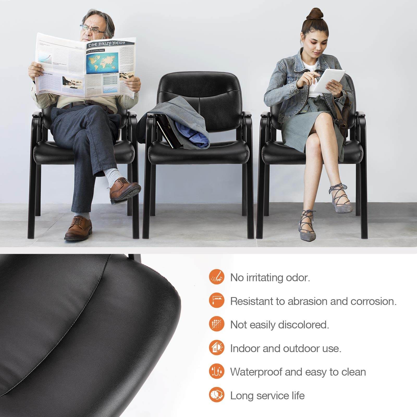 Leather Conference Room Chairs With Padded Arms,2P Black Iron