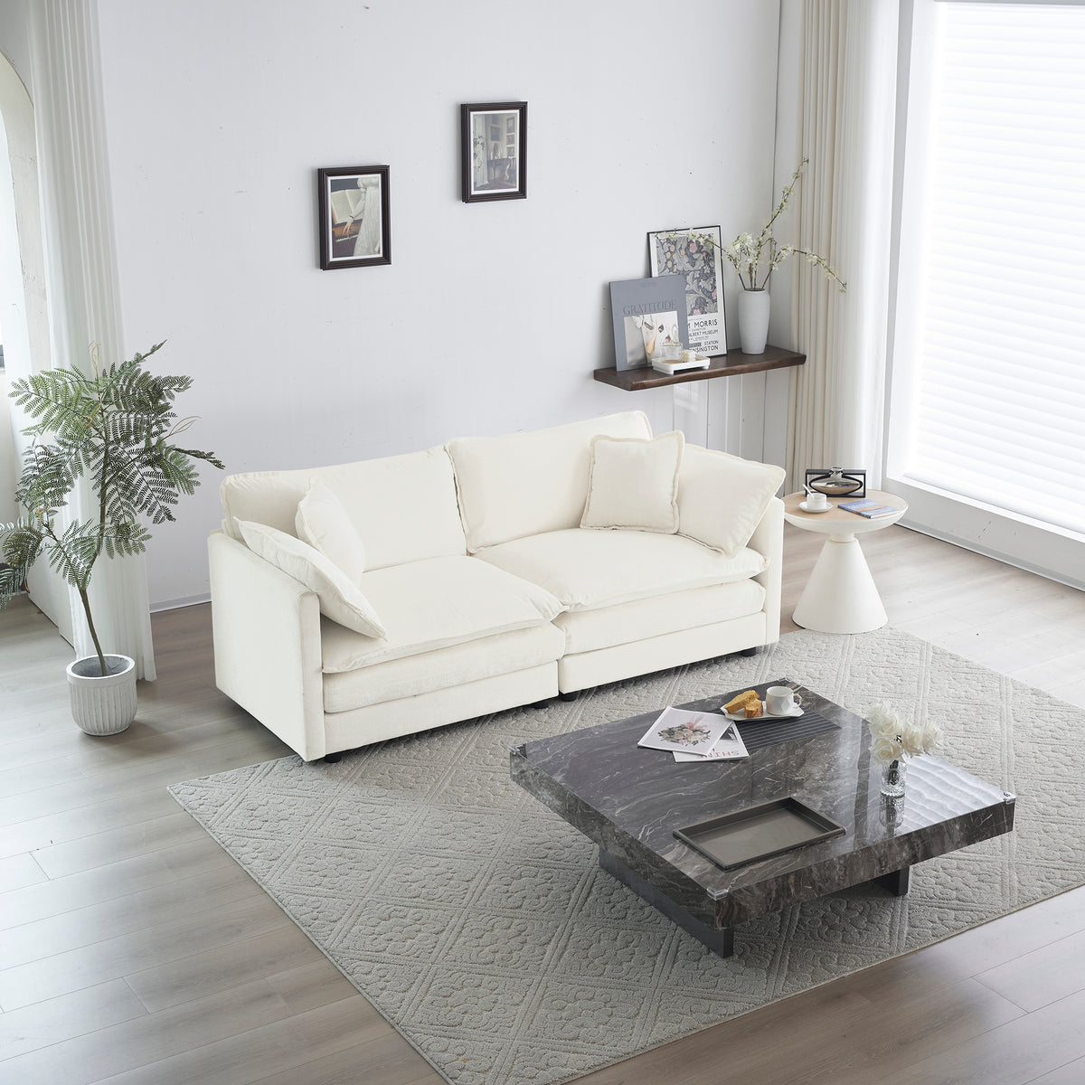 Modern Fabric Loveseat Sofa Couch For Living Room, Upholstered Large Size Deep Seat 2 Seat Sofa With 4 Pillows ,White Chenille White Chenille 2 Seat