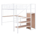 Full Size Metal Loft Bed With Desk And Metal Grid, Stylish Metal Frame Bed With Lateral Storage Ladder And Wardrobe, White White Metal