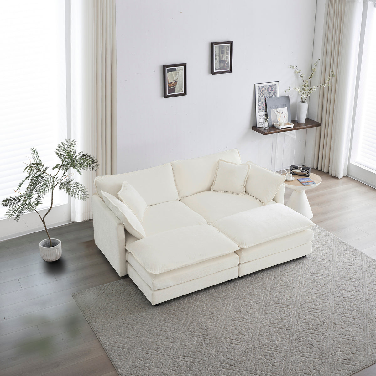 4 Piece Upholstered Sectional Sofa, 1 Piece Of 2 Seater Sofa And 2 Piece Of Ottomans2 Seater Loveseat Lounge With Ottomanswhite Chenille White Chenille 2 Seat