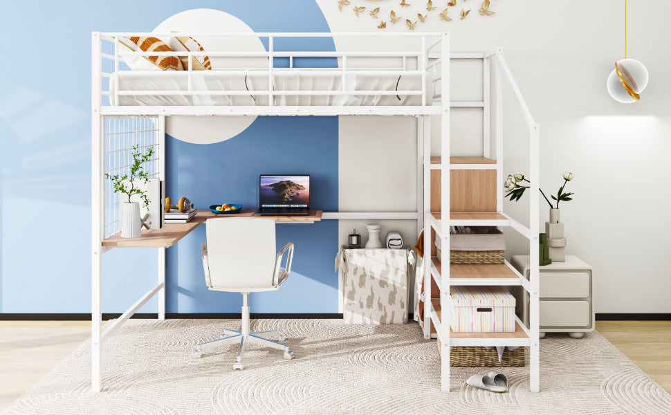 Full Size Metal Loft Bed With Desk And Metal Grid, Stylish Metal Frame Bed With Lateral Storage Ladder And Wardrobe, White White Metal