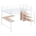 Full Size Metal Loft Bed With Desk And Metal Grid, Stylish Metal Frame Bed With Lateral Storage Ladder And Wardrobe, White White Metal