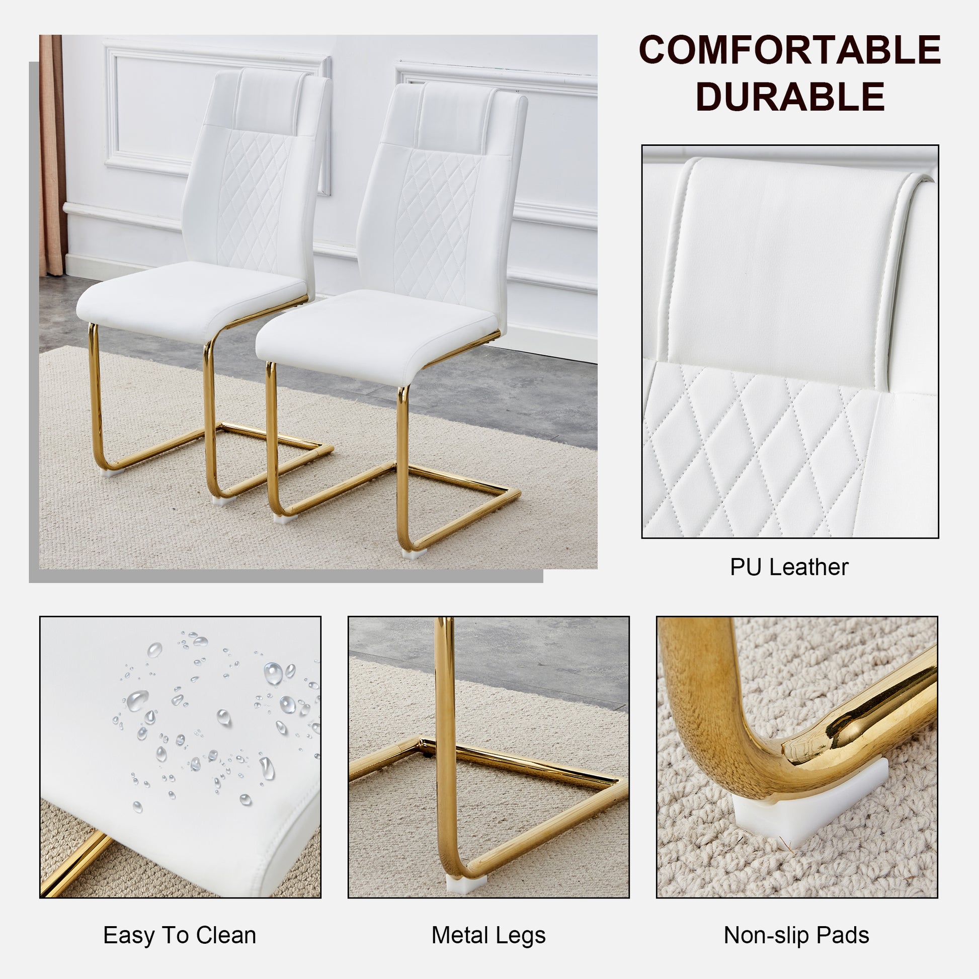 Table And Chair Set, Circular Dining Table, Glass Tabletop With A Diameter Of 40 Inches And Gold Plated Metal Legs, Paired With 4 White Pu Cushions And Gold Plated Metal Foot Dining Chairs. Dt 1164 Golden Metal