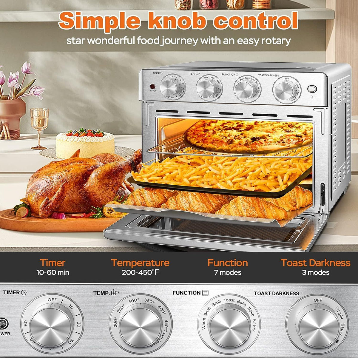 Geek Chef 6 Slice 26Qt 26L Air Fryer Fry Oil Free, Extra Large Toaster Oven Combo, Air Fryer Oven, Roast, Bake, Broil,Convection Countertop Oven, Accessories Included, Stainless St Ban On Silver Stainless Steel