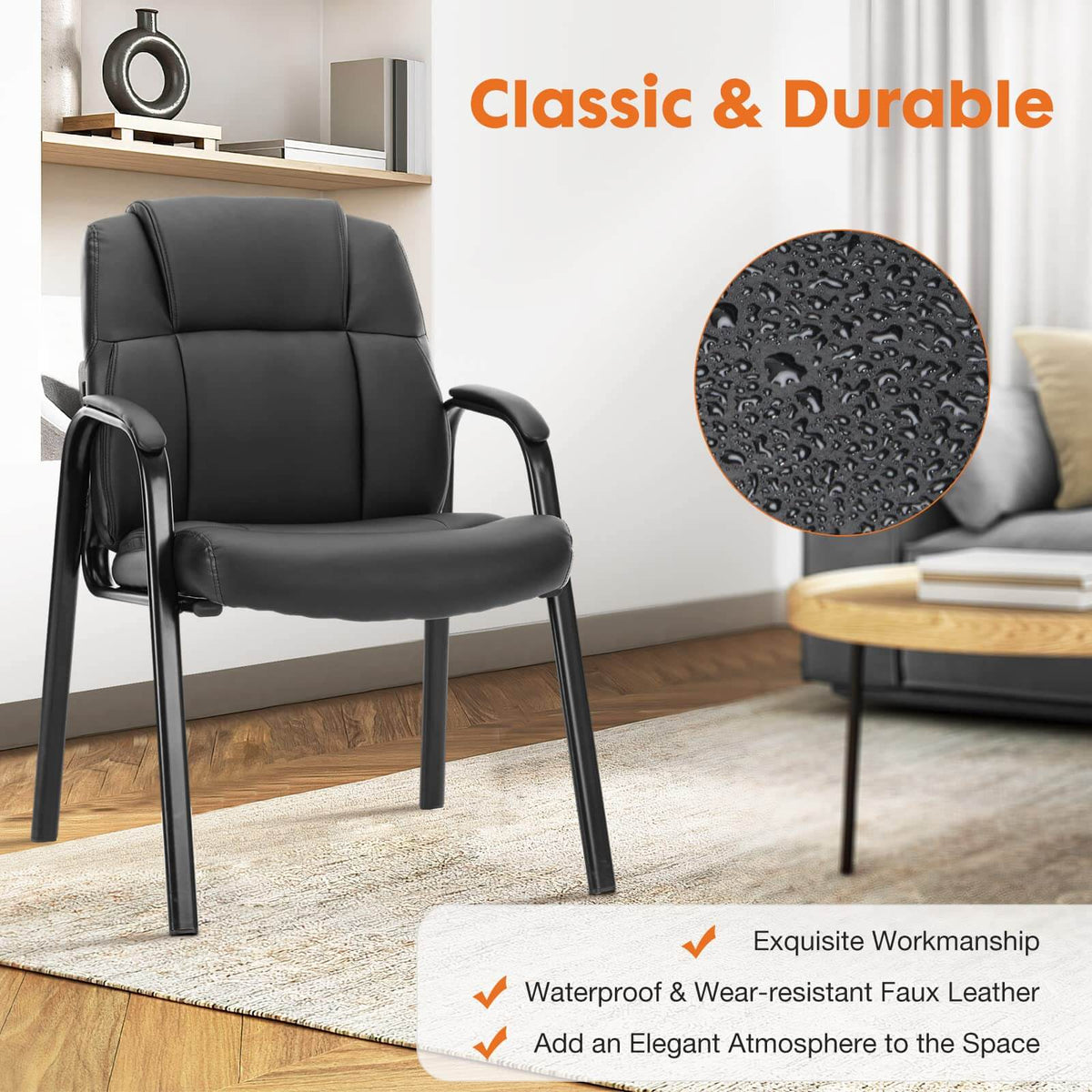Leather Conference Room Chairs With Padded Arms,Eception Chairs,Office Guest Chairs,1P Black Iron