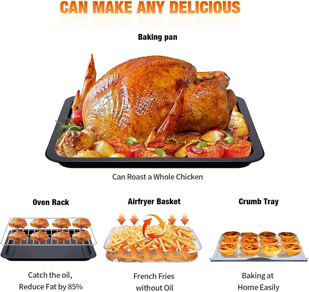Geek Chef 6 Slice 26Qt 26L Air Fryer Fry Oil Free, Extra Large Toaster Oven Combo, Air Fryer Oven, Roast, Bake, Broil,Convection Countertop Oven, Accessories Included, Stainless St Ban On Silver Stainless Steel