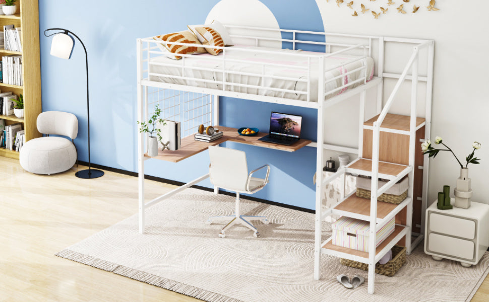 Full Size Metal Loft Bed With Desk And Metal Grid, Stylish Metal Frame Bed With Lateral Storage Ladder And Wardrobe, White White Metal