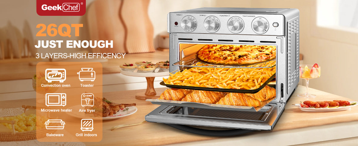 Geek Chef 6 Slice 26Qt 26L Air Fryer Fry Oil Free, Extra Large Toaster Oven Combo, Air Fryer Oven, Roast, Bake, Broil,Convection Countertop Oven, Accessories Included, Stainless St Ban On Silver Stainless Steel