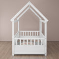 Twin Size Floor Wooden Bed With House Roof Frame, Fence Guardrails,White Box Spring Required Twin White Wood Brown Bedroom American Design,Artsy Pine Bed Frame Pine