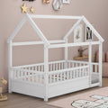 Twin Size Floor Wooden Bed With House Roof Frame, Fence Guardrails,White Box Spring Required Twin White Wood Brown Bedroom American Design,Artsy Pine Bed Frame Pine