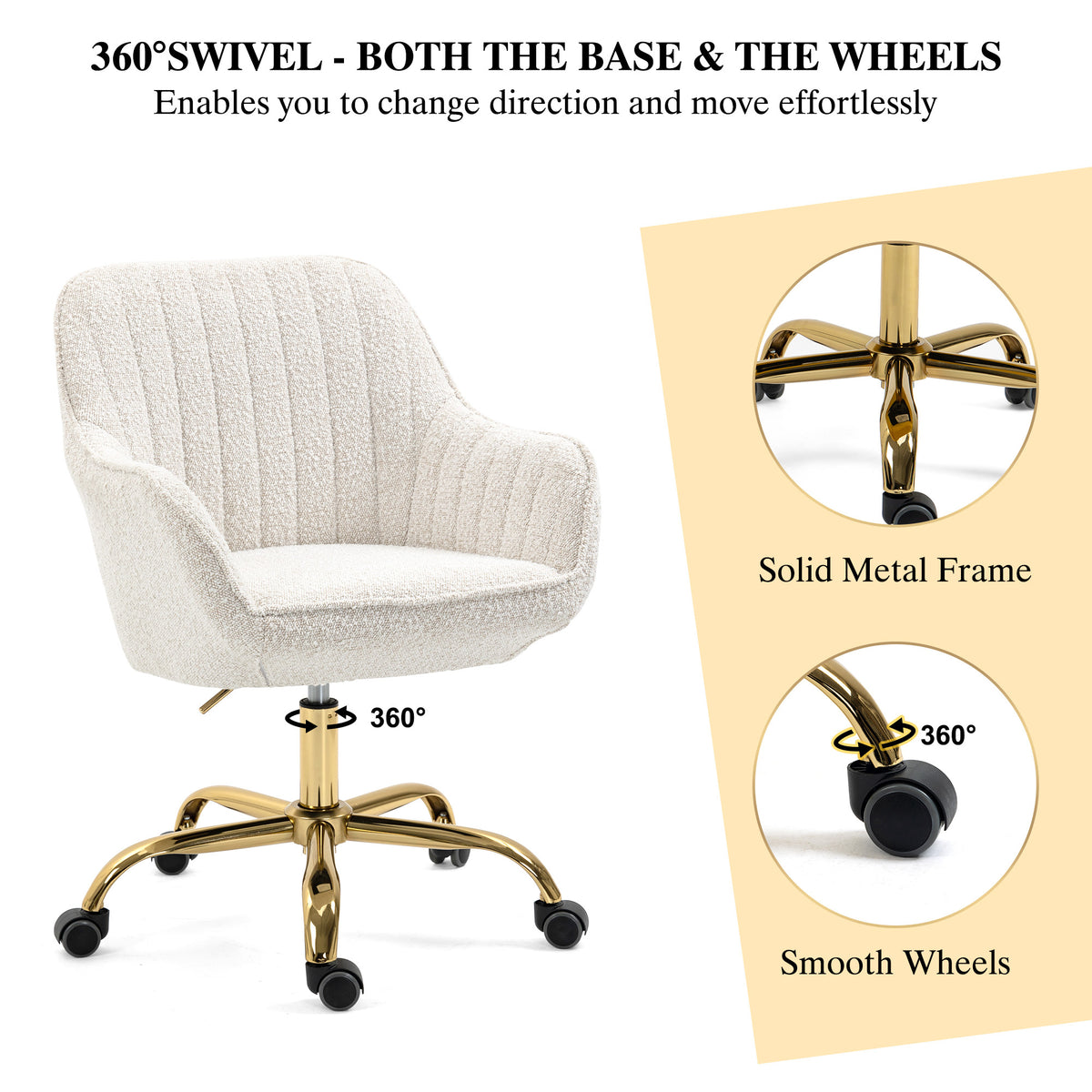 360 Beige Boucle Fabric Swivel Chair With High Back, Adjustable Working Chair With Golden Color Base Beige Velvet