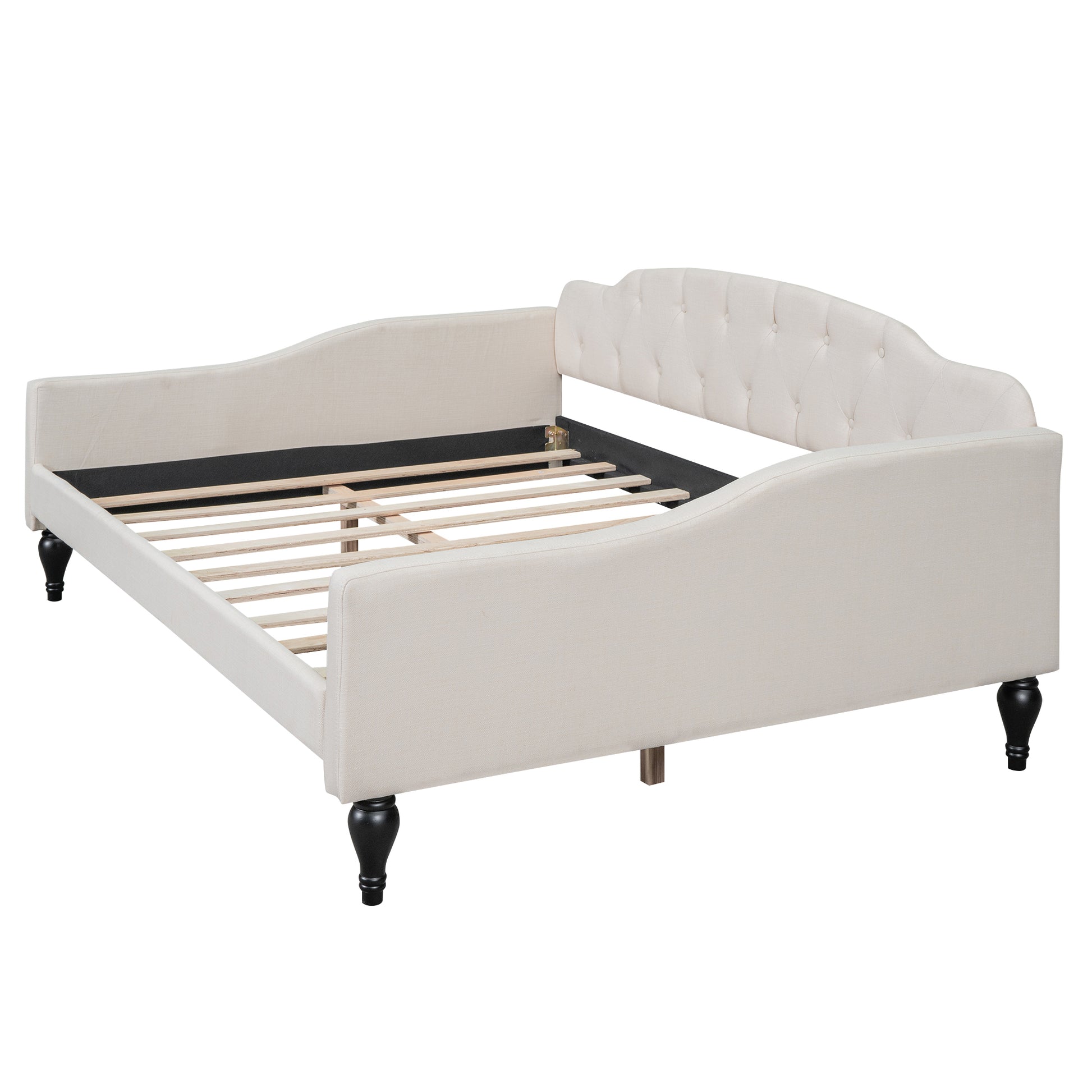 Full Size Upholstered Tufted Daybed, Beige Box Spring Not Required Beige Wood Linen Upholstered