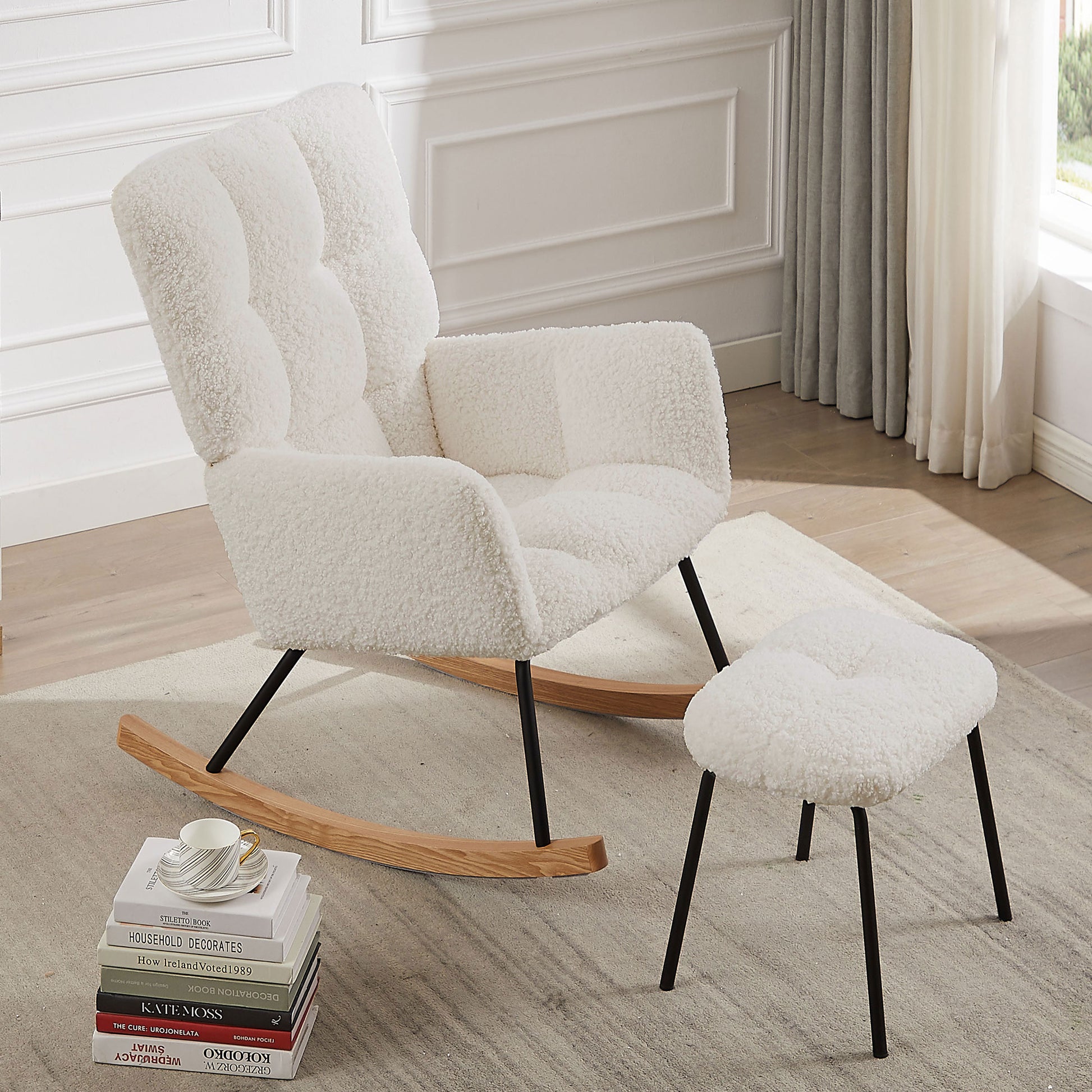Lounge Recliner Chair Rocking Chair Armchair For Mom And Baby Modern Glider Chair With Soft Seat And High Backrest For Living Room Beige Foam Boucle