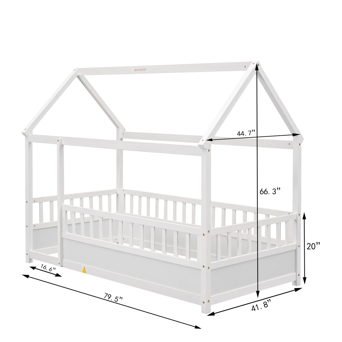 Twin Size Floor Wooden Bed With House Roof Frame, Fence Guardrails,White Box Spring Required Twin White Wood Brown Bedroom American Design,Artsy Pine Bed Frame Pine