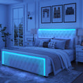 Queen Platform Bed Frame With High Headboard, Velvet Upholstered Bed With Deep Tufted Buttons, Adjustable Colorful Led Light Decorative Headboard, Wide Wingbacks, Beige Queen Beige Velvet