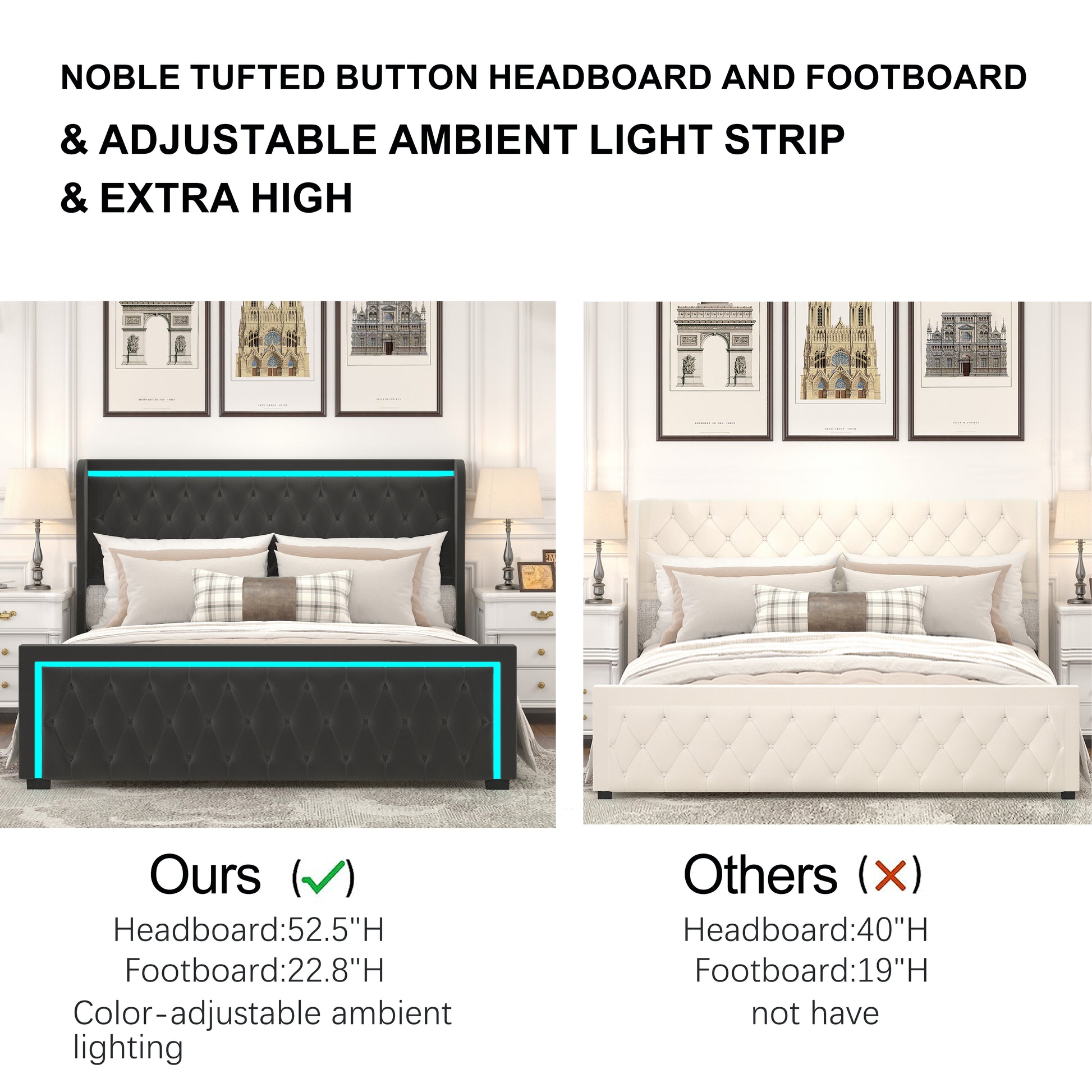 Queen Platform Bed Frame With High Headboard, Velvet Upholstered Bed With Deep Tufted Buttons, Adjustable Colorful Led Light Decorative Headboard, Wide Wingbacks,Black Queen Black Velvet