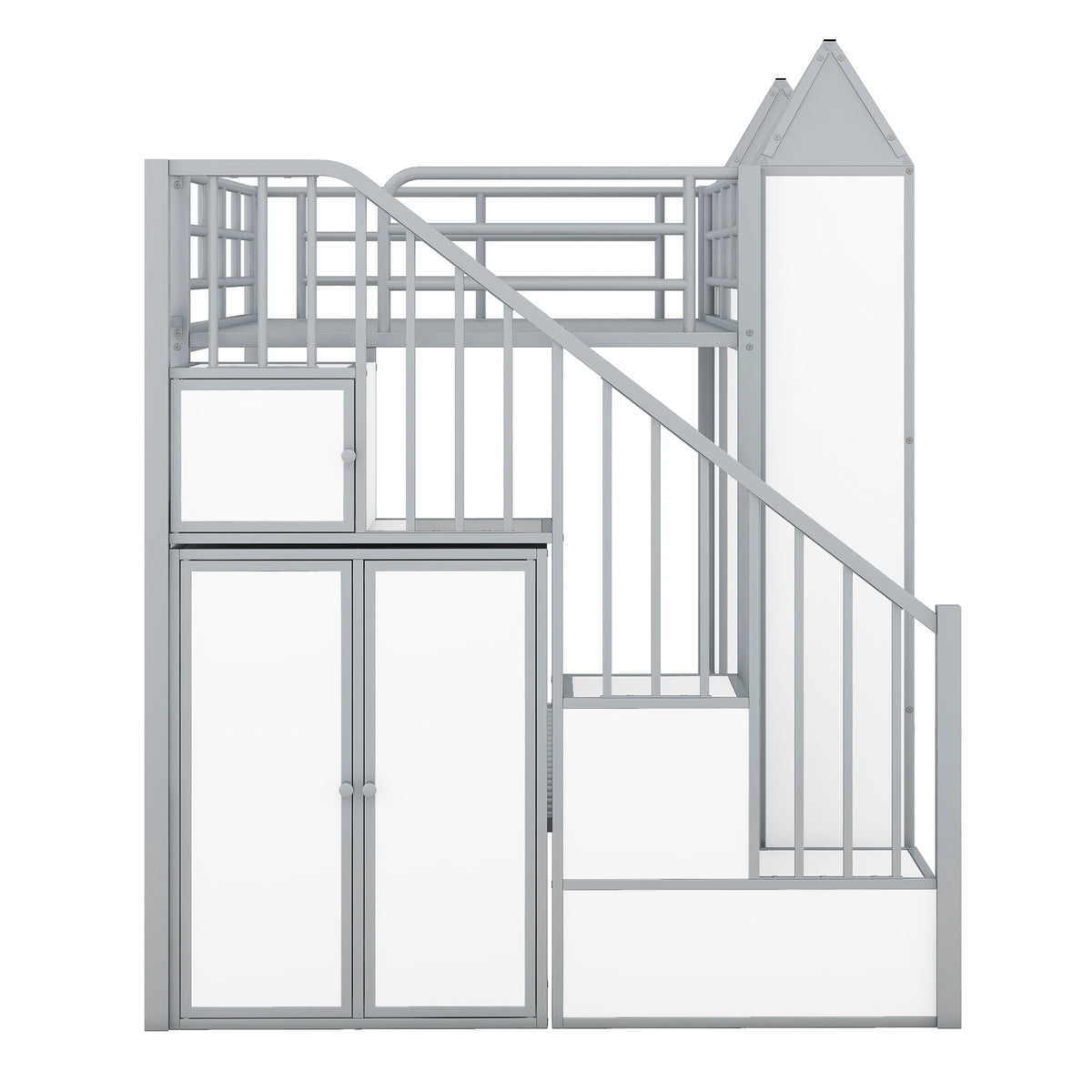 Metal Twin Over Twin Castle Shaped Bunk Bed With Wardrobe And Multiple Storage, Gray White Box Spring Not Required Twin White Gray Metal Bedroom Bunk Metal & Wood